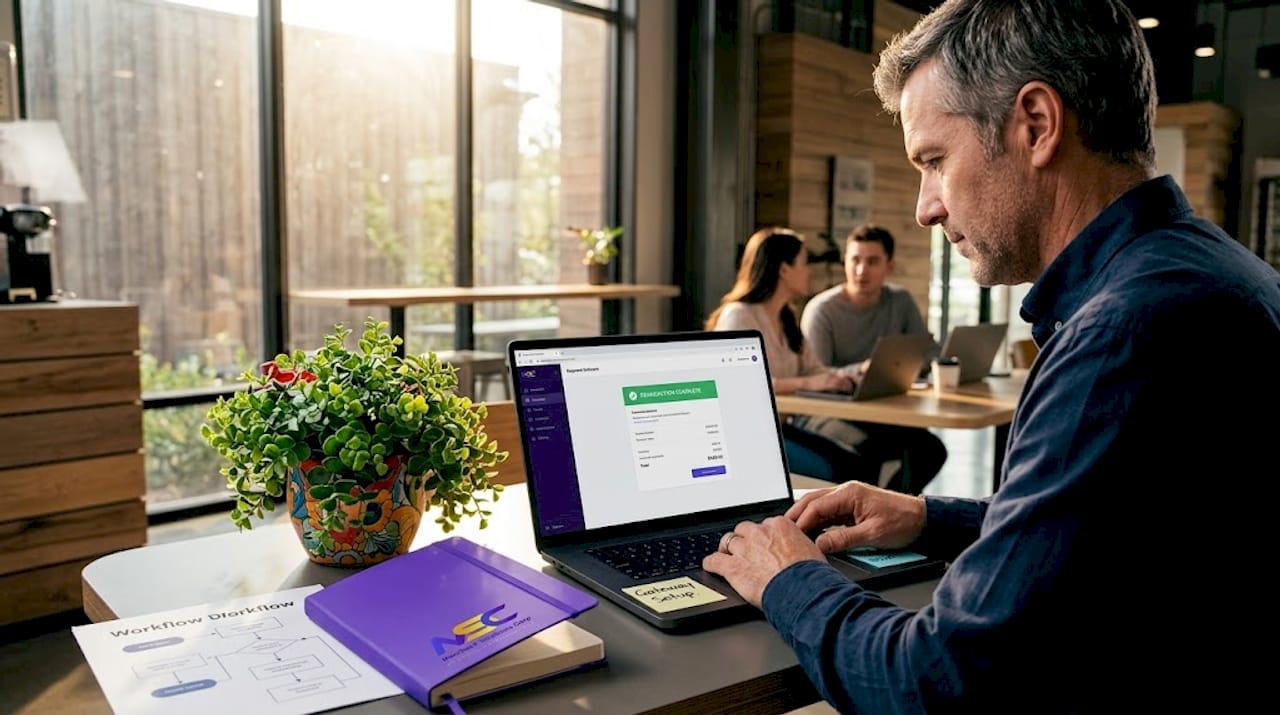 IT specialist configuring payment processor software