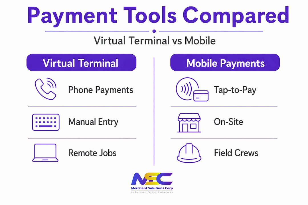 Infographic comparing virtual terminal and mobile payment