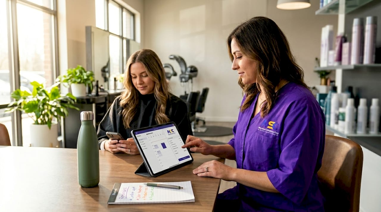 Hairstylist managing integrated salon payment system