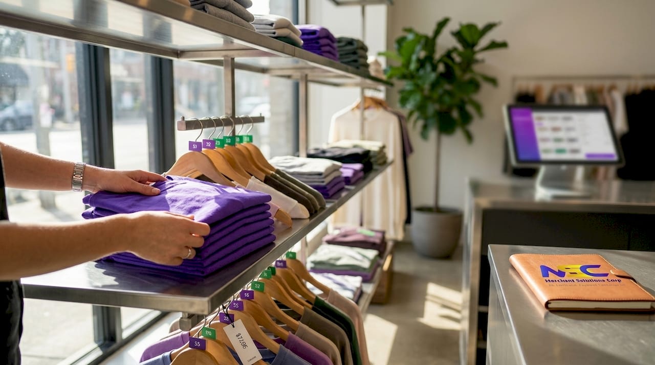 Hands organizing clothing inventory in boutique
