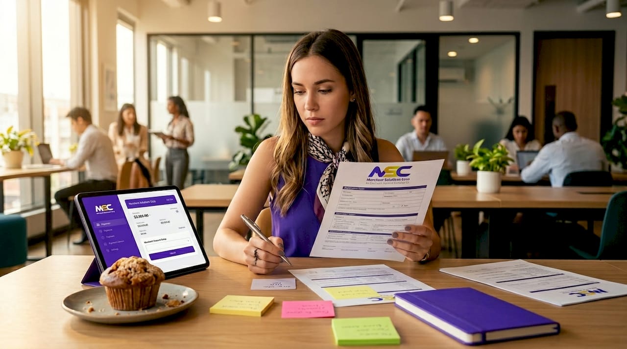 Entrepreneur reviewing payment setup documents in cafe