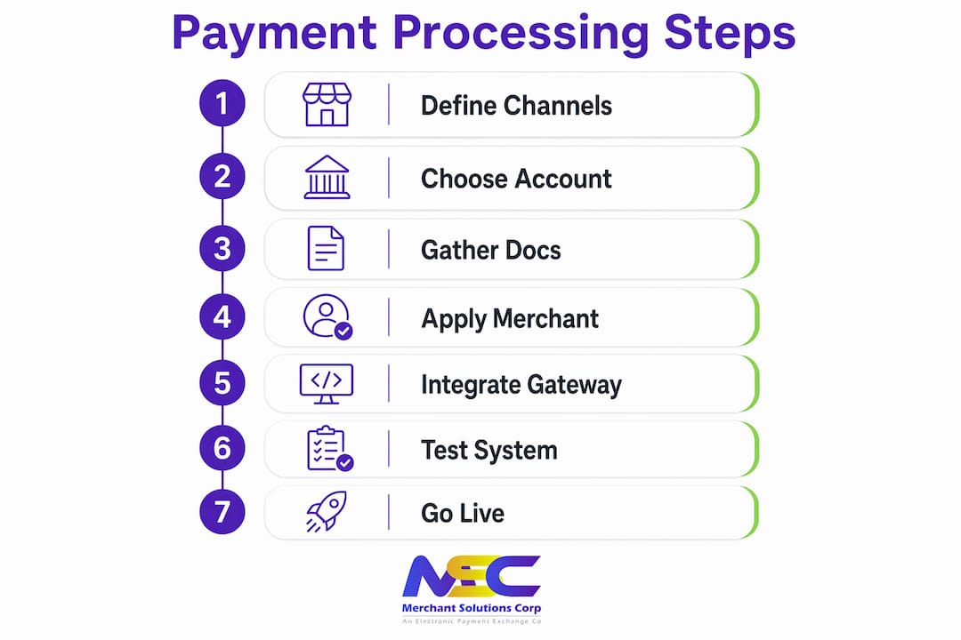 Step-by-step infographic of payment processing setup