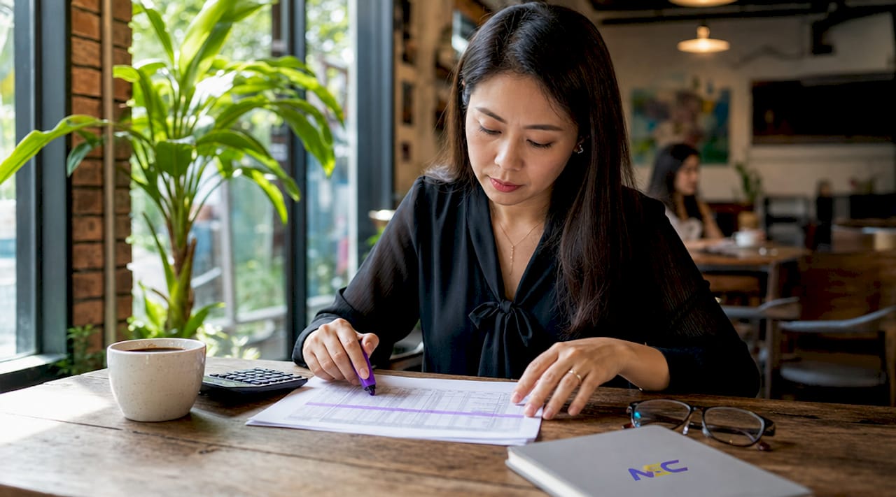 Accountant reviewing payment processing documents at desk