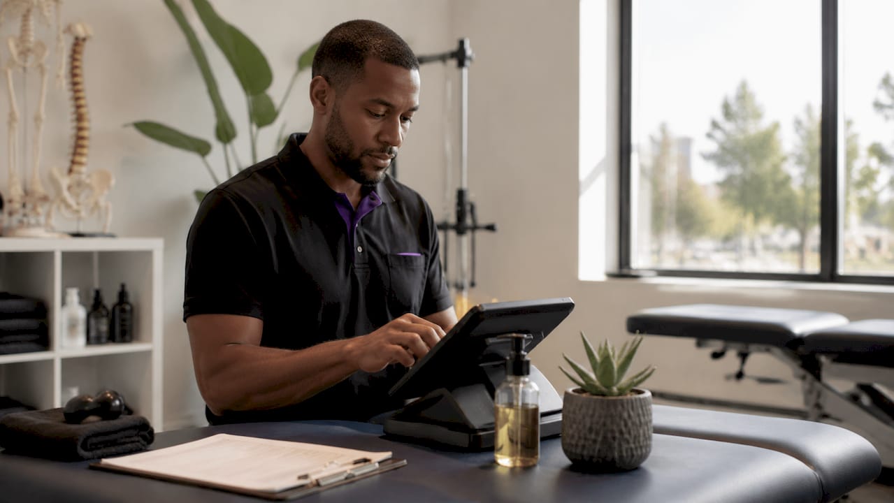 Receptionist processing payment at chiropractic clinic