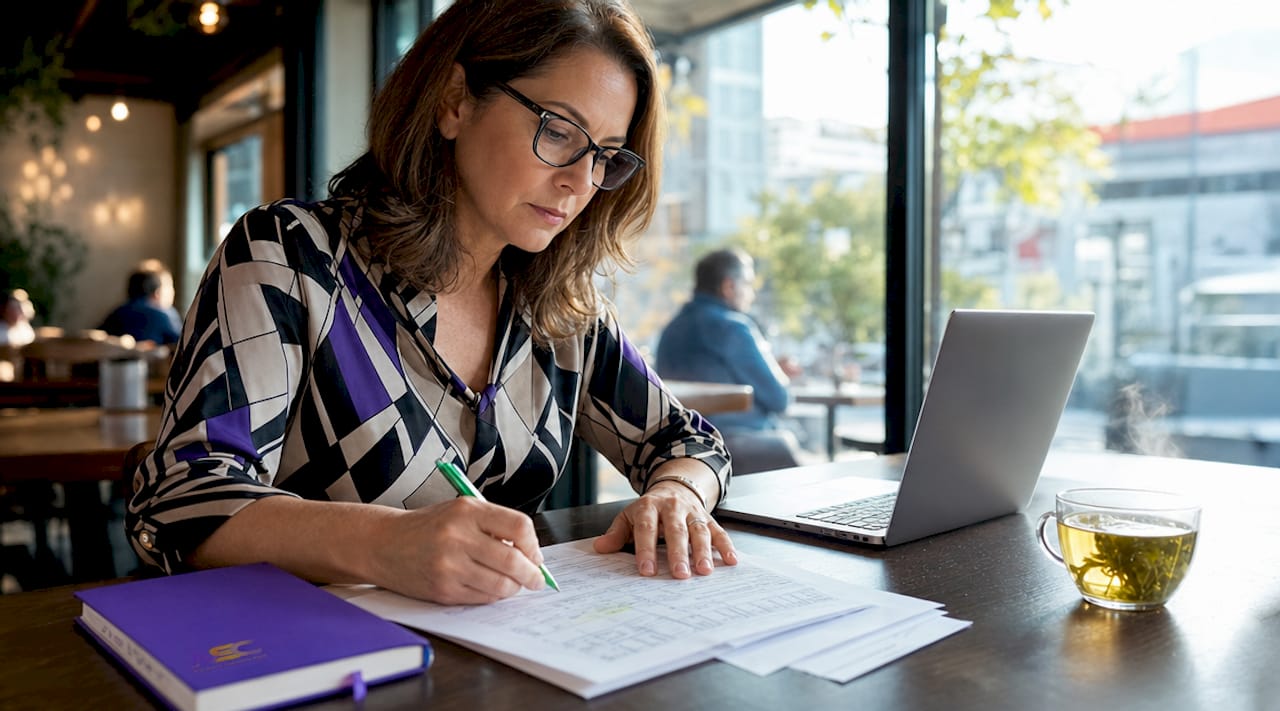 Woman auditing payment statements at desk