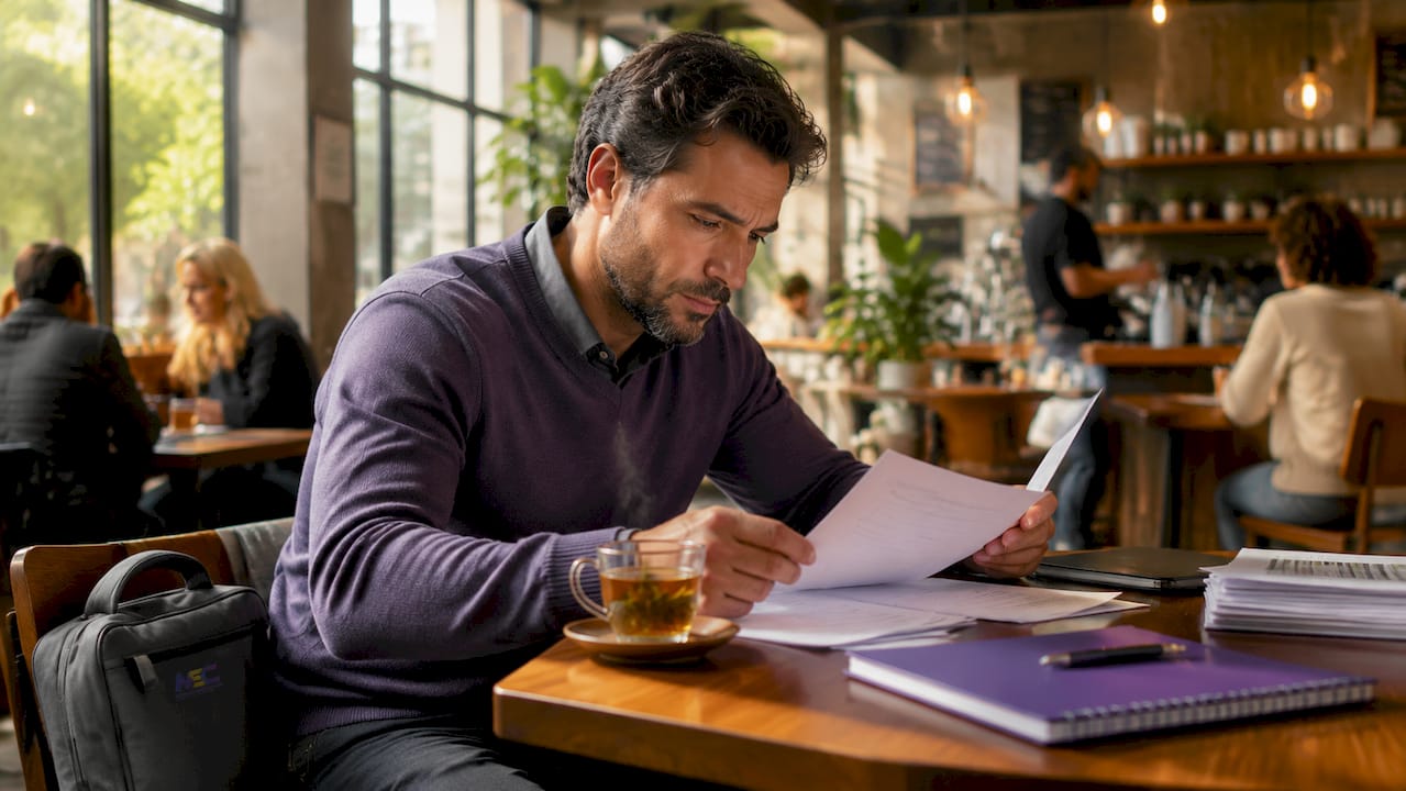 Small business owner reviewing onboarding paperwork