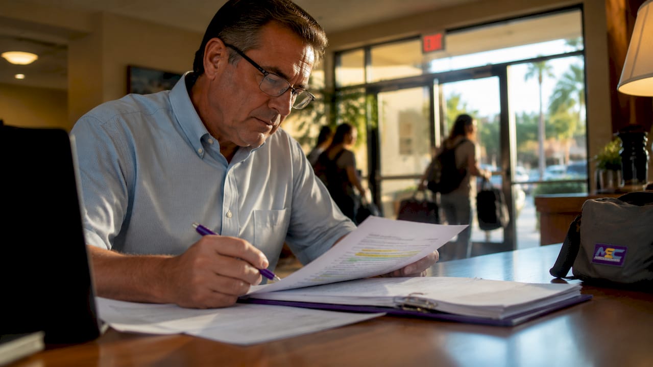 Motel manager reviewing compliance paperwork