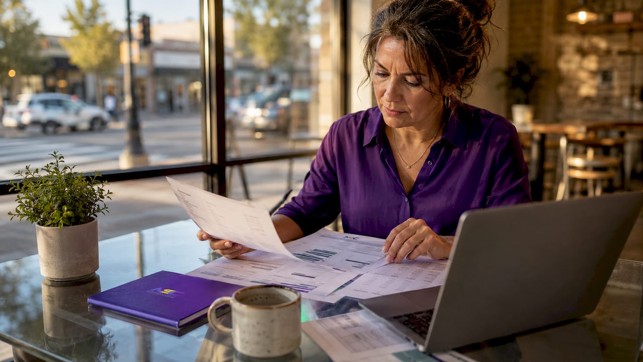 Small business owner reviewing processing fees at desk