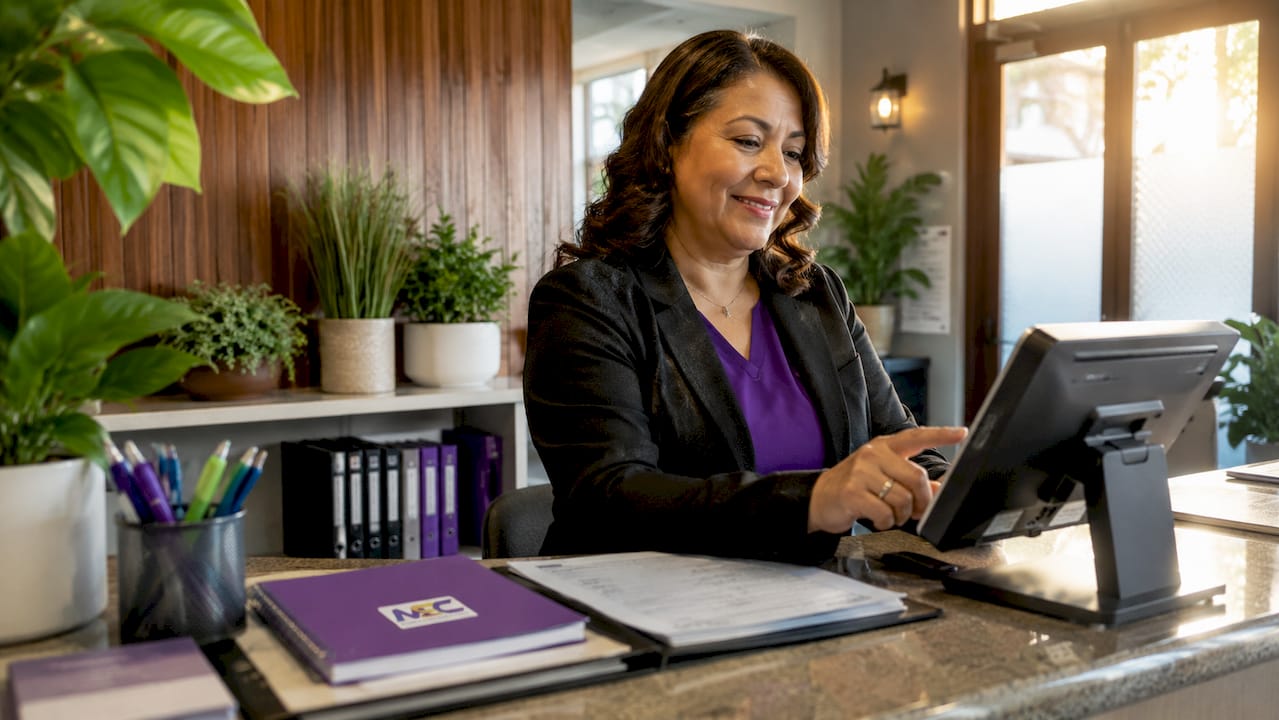 Medical front desk clerk using POS system