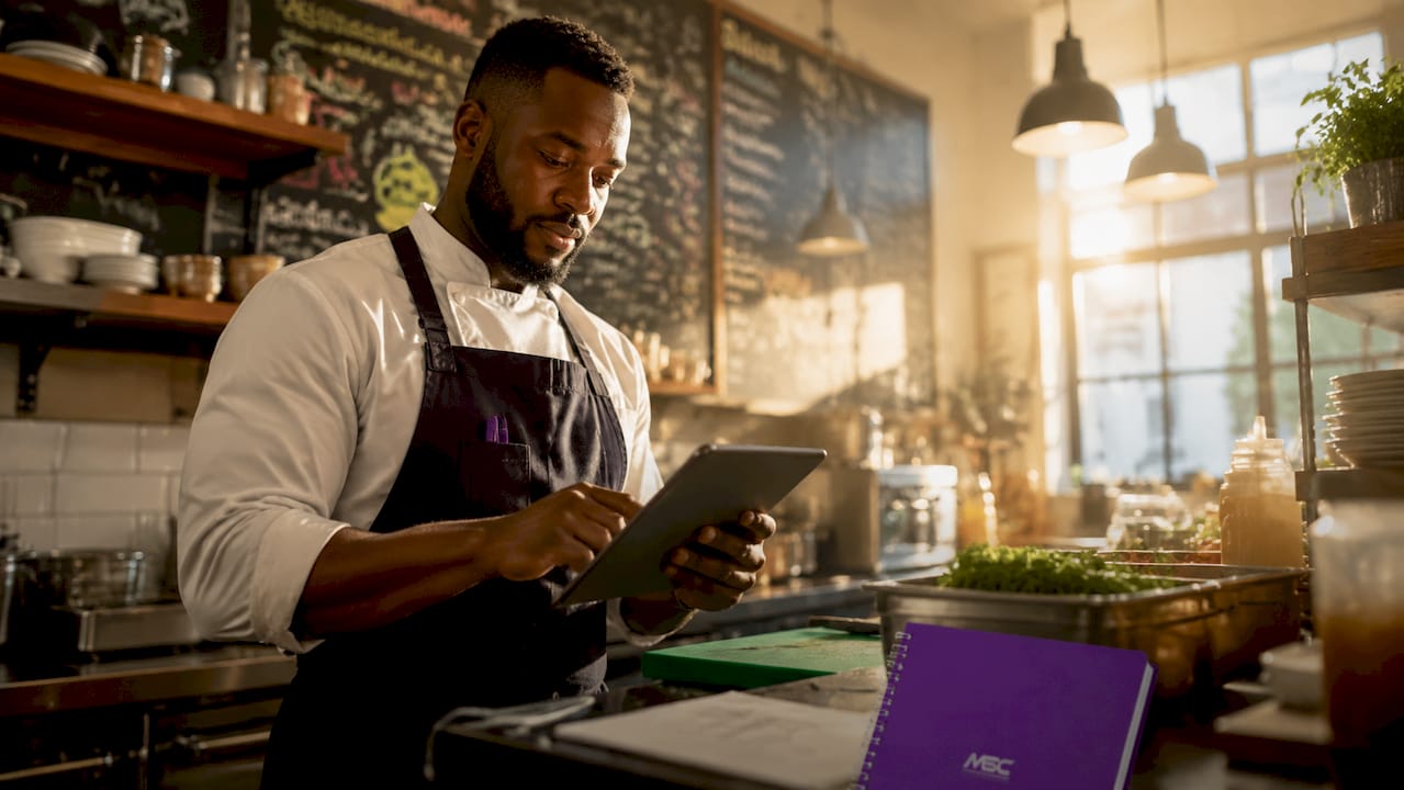 Staff member managing online third-party orders on tablet