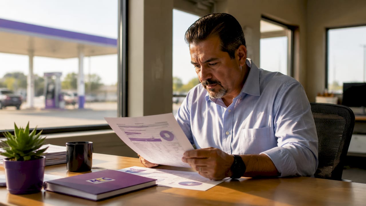 Man reviewing ACH transaction documents at gas station office