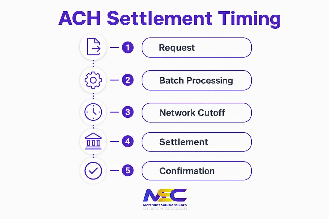 Infographic illustrating ACH settlement timing steps