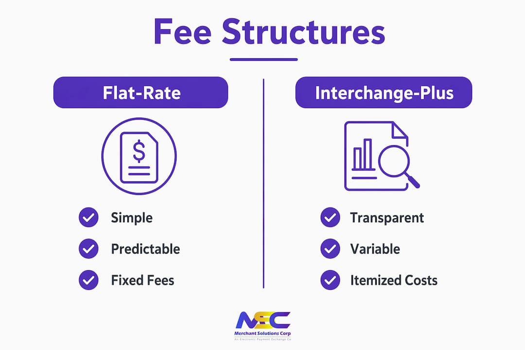Infographic comparing flat-rate and interchange-plus fee models