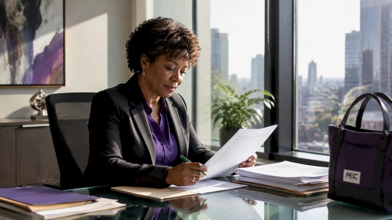 Lawyer reviewing payment documents at desk
