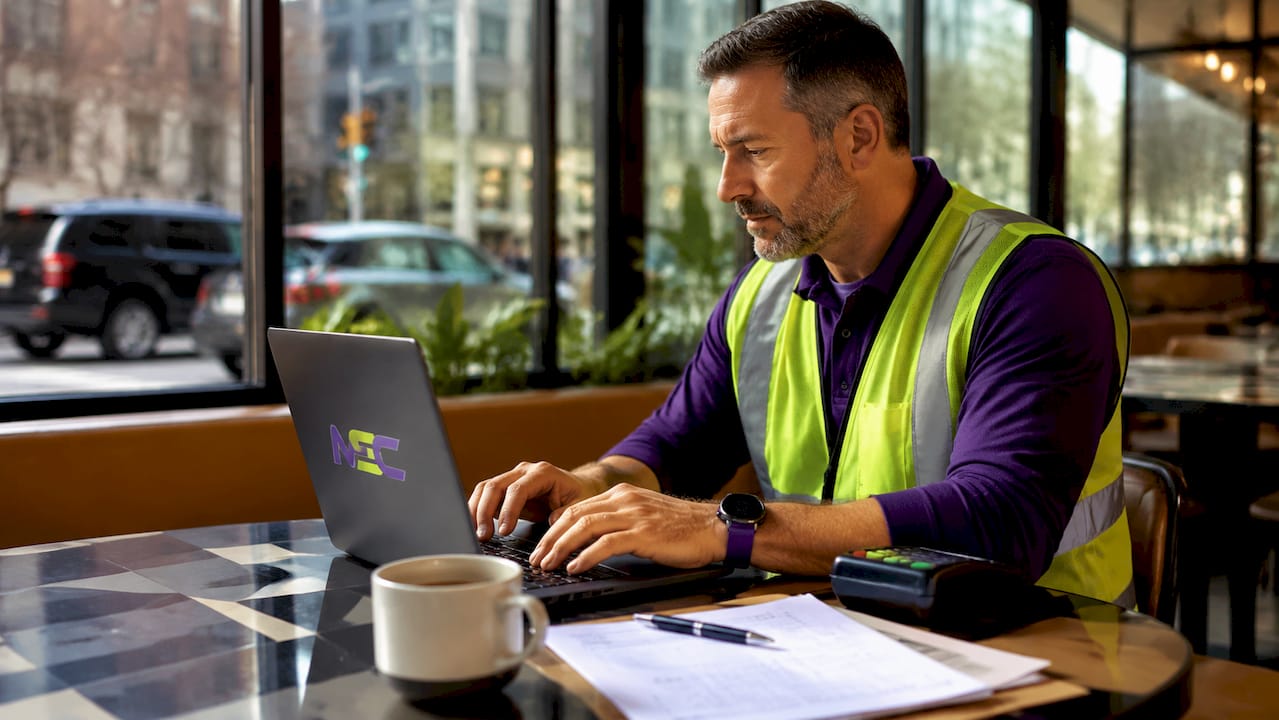 Contractor working with laptop and payment device in home office