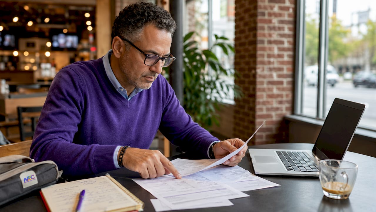 Business owner reviewing credit card fee documents