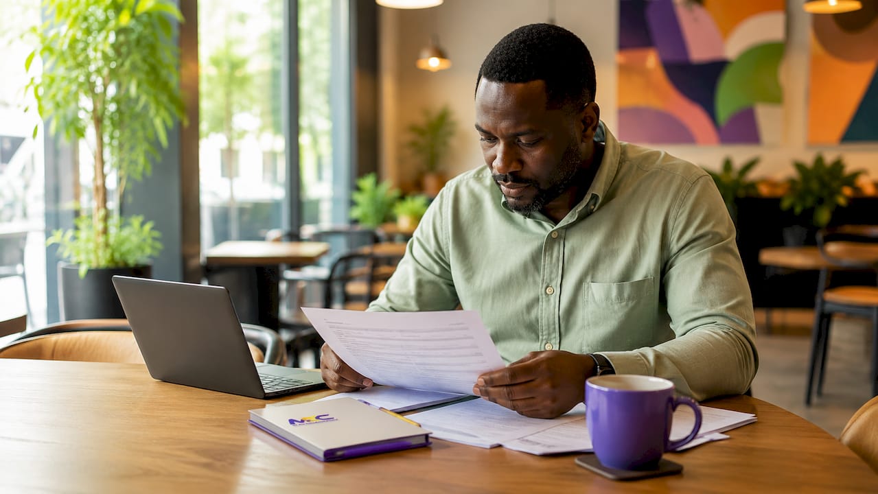 Man reviewing bank documents at office desk