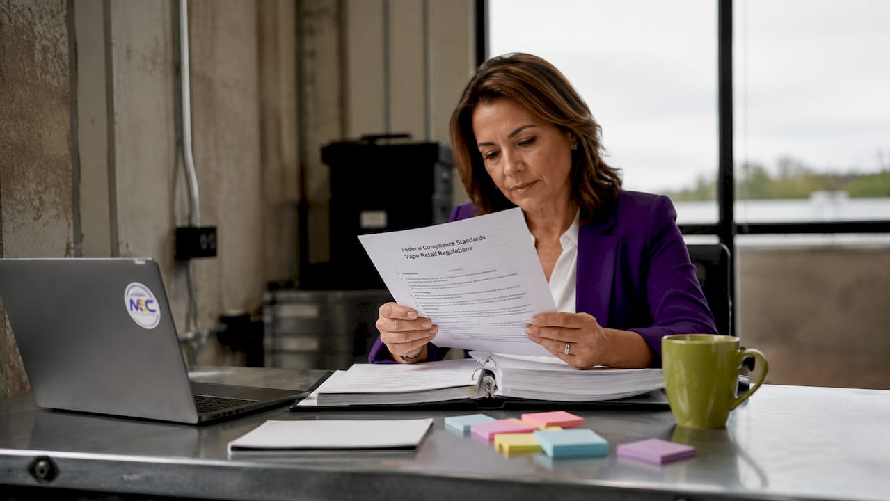 Person reviewing vape compliance paperwork