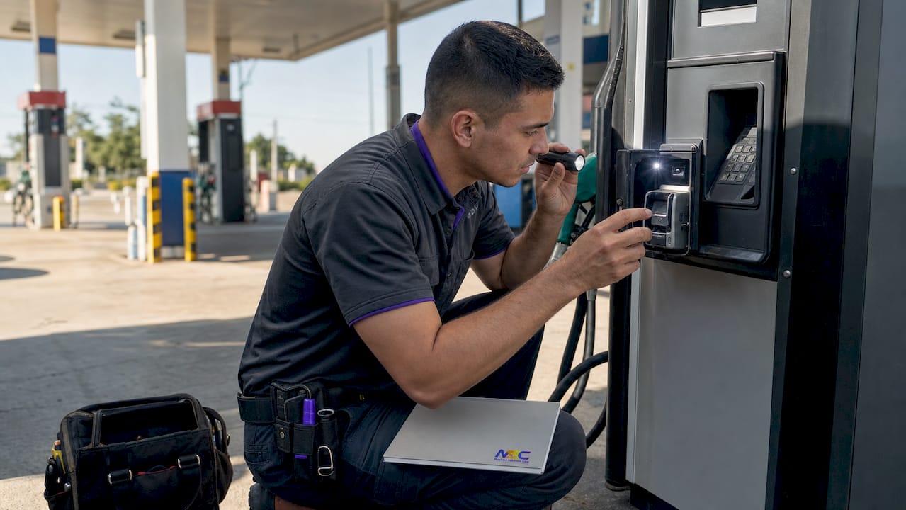 Technician inspecting gas pump payment terminal