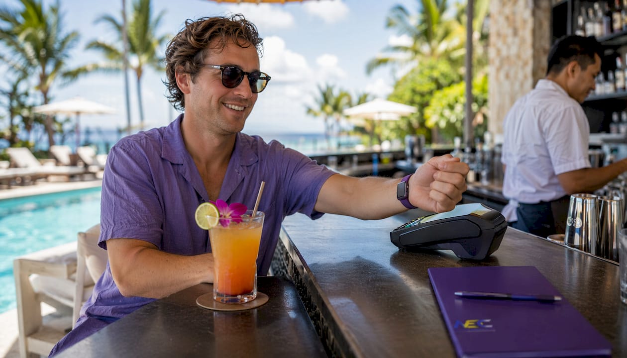 Guest paying with smartwatch at hotel pool bar