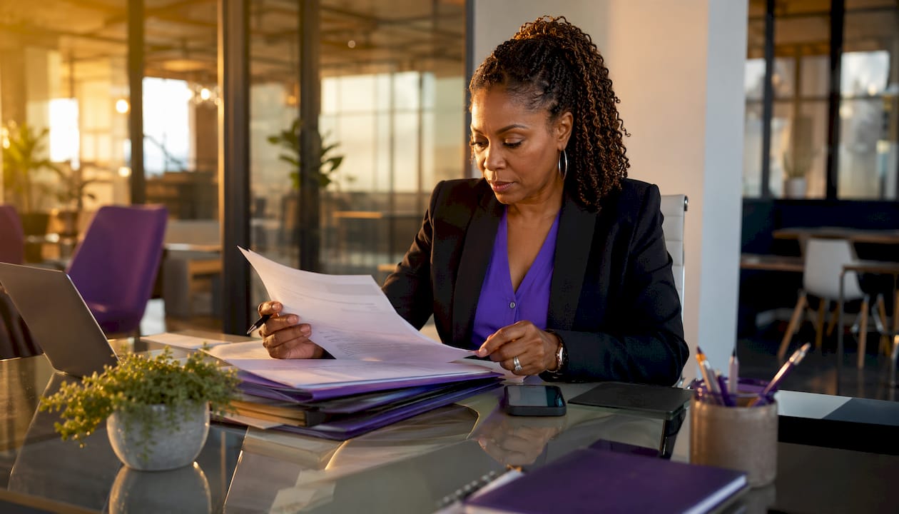 Office manager reviewing ACH payment documents