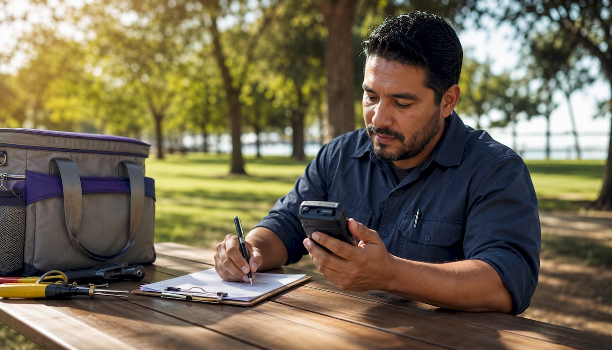 HVAC technician processing payment on device