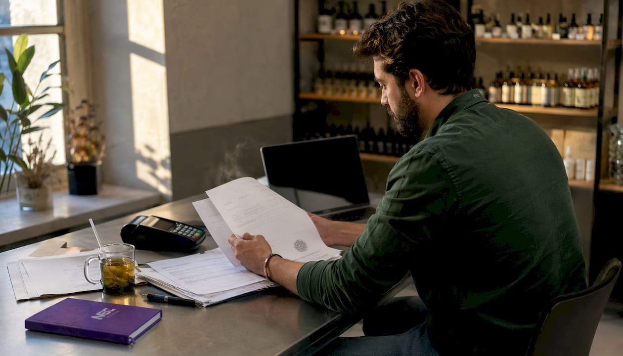 CBD store manager reviewing compliance documents at desk