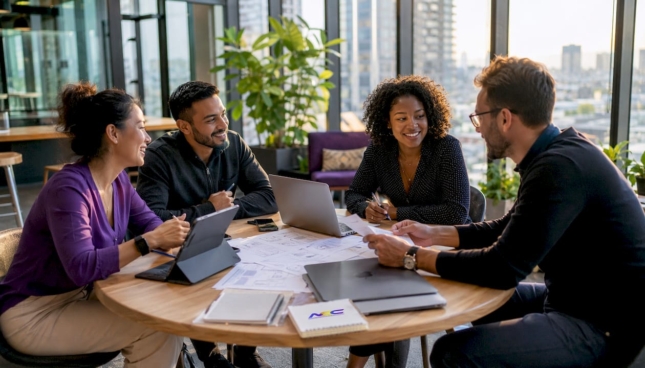 Fintech team discussing payment infrastructure strategy