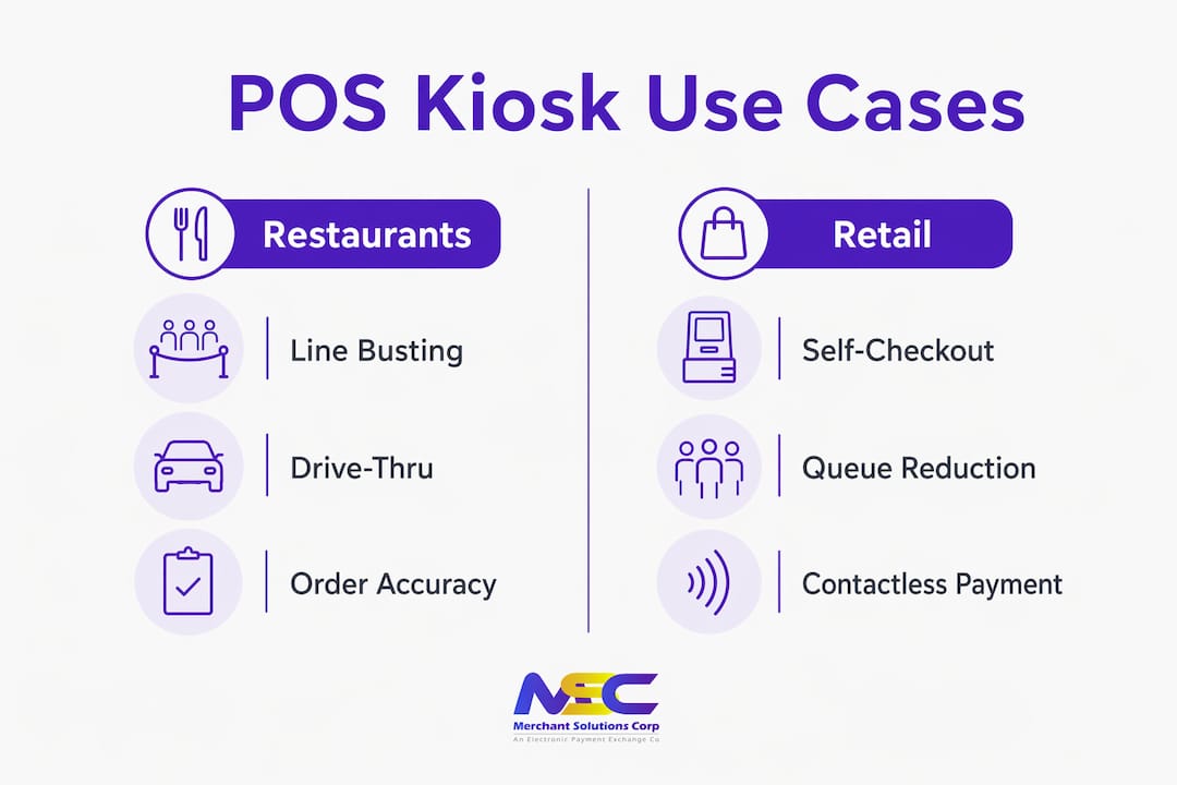 Infographic showing POS kiosk use cases in restaurants and retail
