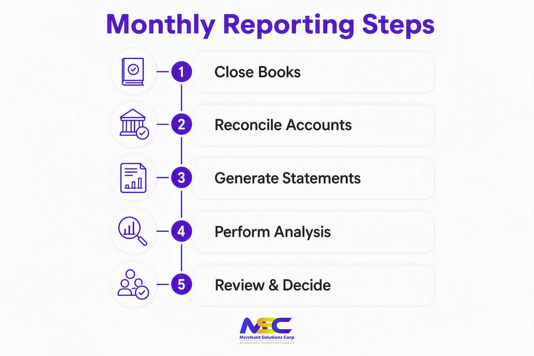 Infographic showing 5 steps to monthly financial reporting