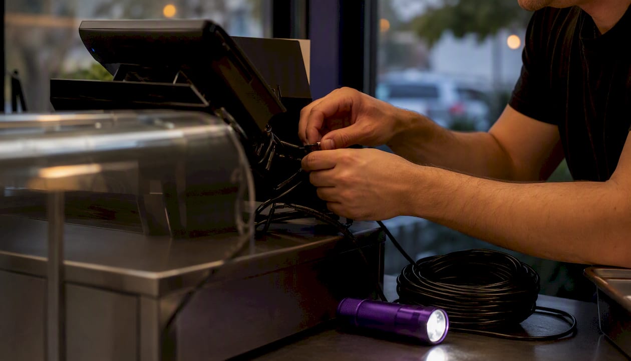 Hands wiring POS terminal cables close-up
