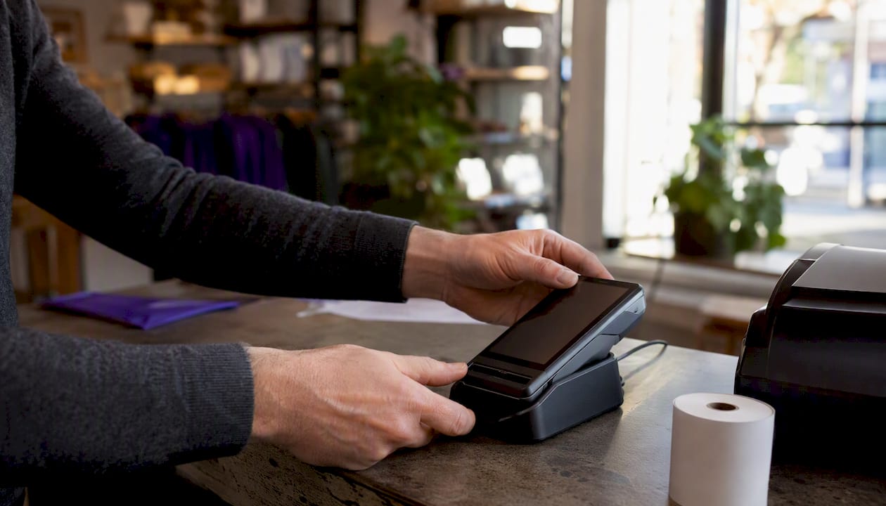 Hands setting up payment terminal