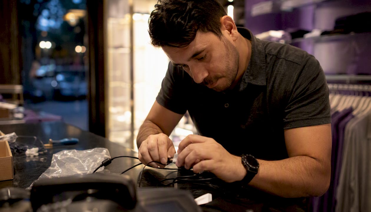 Technician connecting payment terminal cables