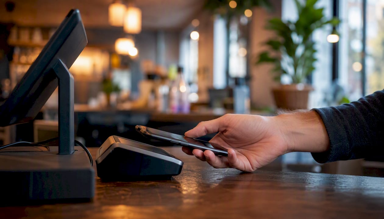 Hand tapping smartphone for payment