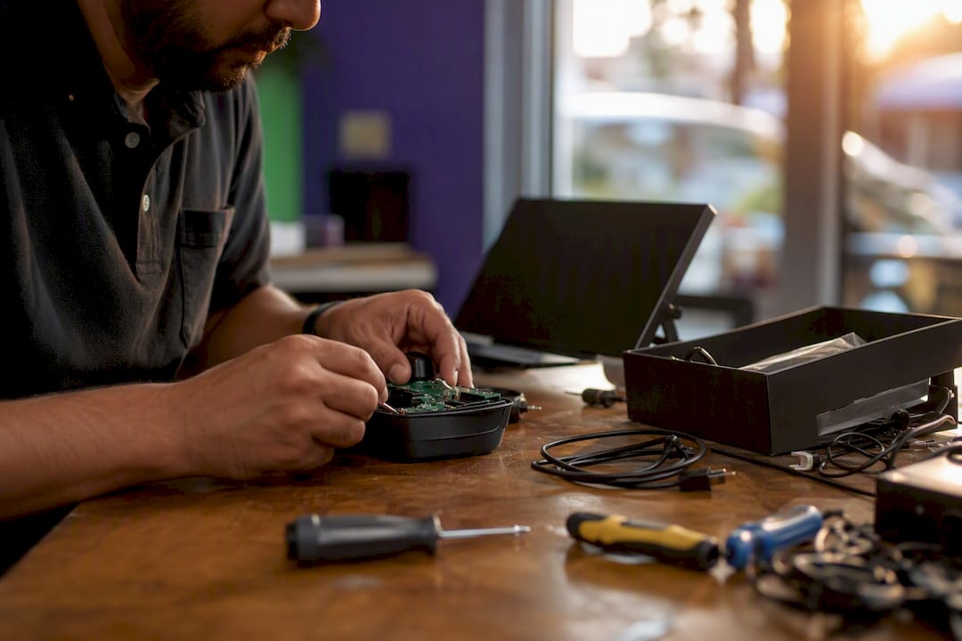 Hands configuring payment terminal hardware settings