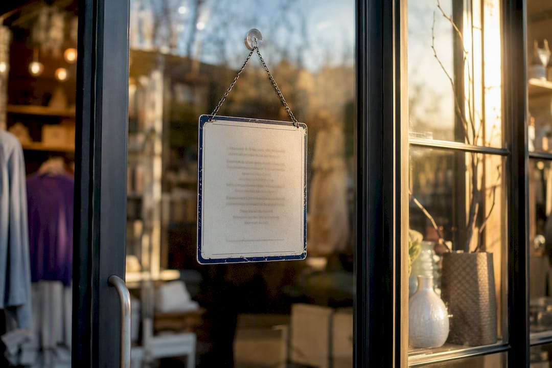 Retail store entrance showing surcharge disclosure signage