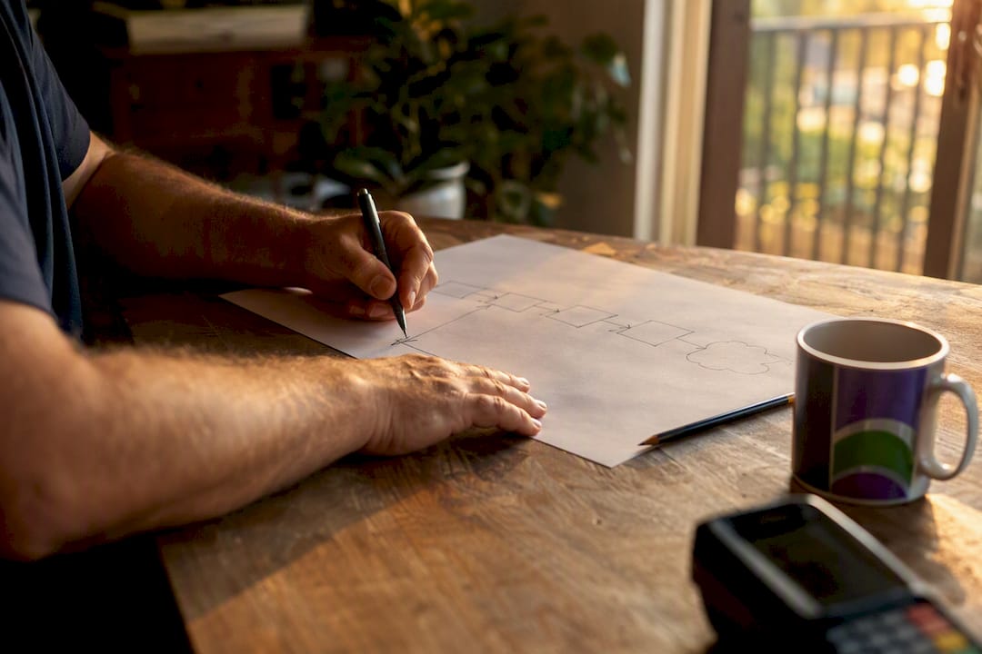Hands drawing payment flow on paper