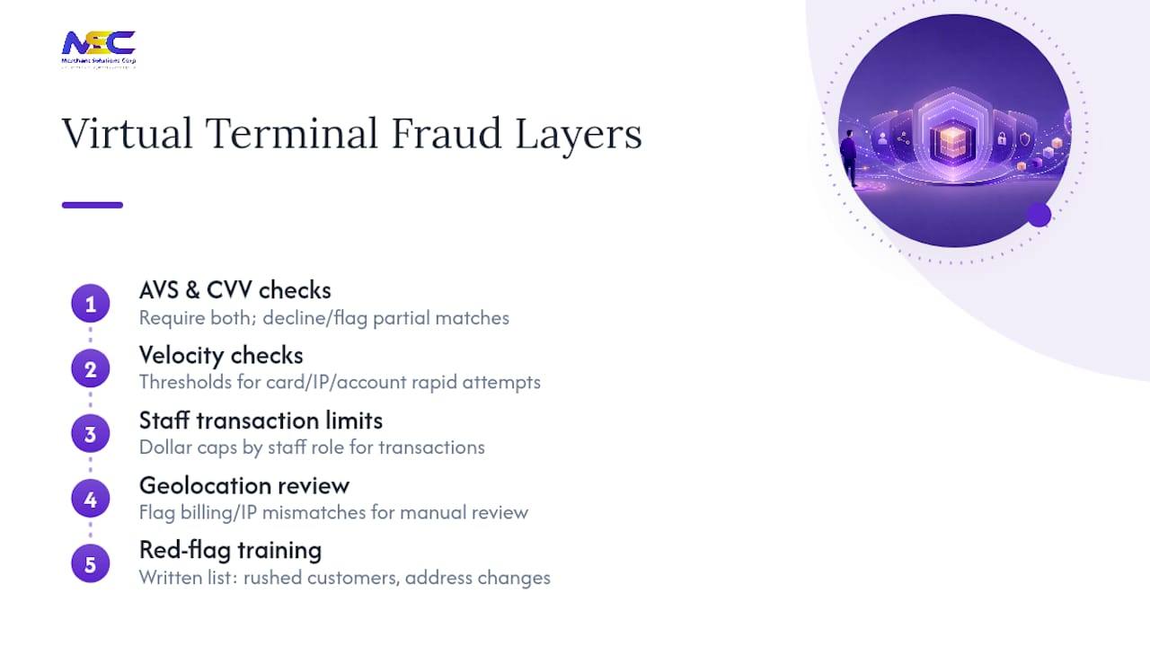 Layered virtual terminal fraud controls