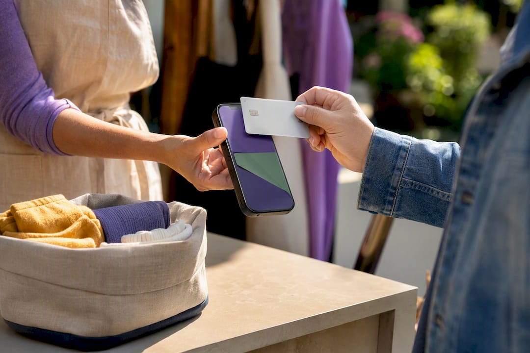 Customer tapping card against mobile checkout