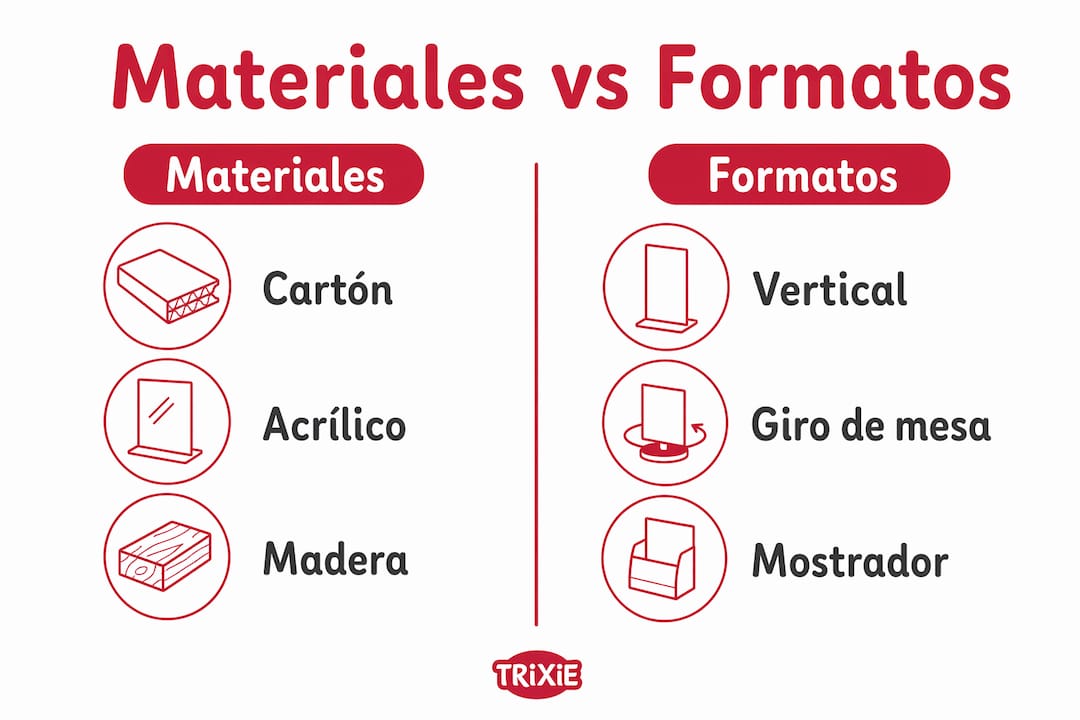 Infografía que compara los diferentes materiales y tipos de expositores para perros