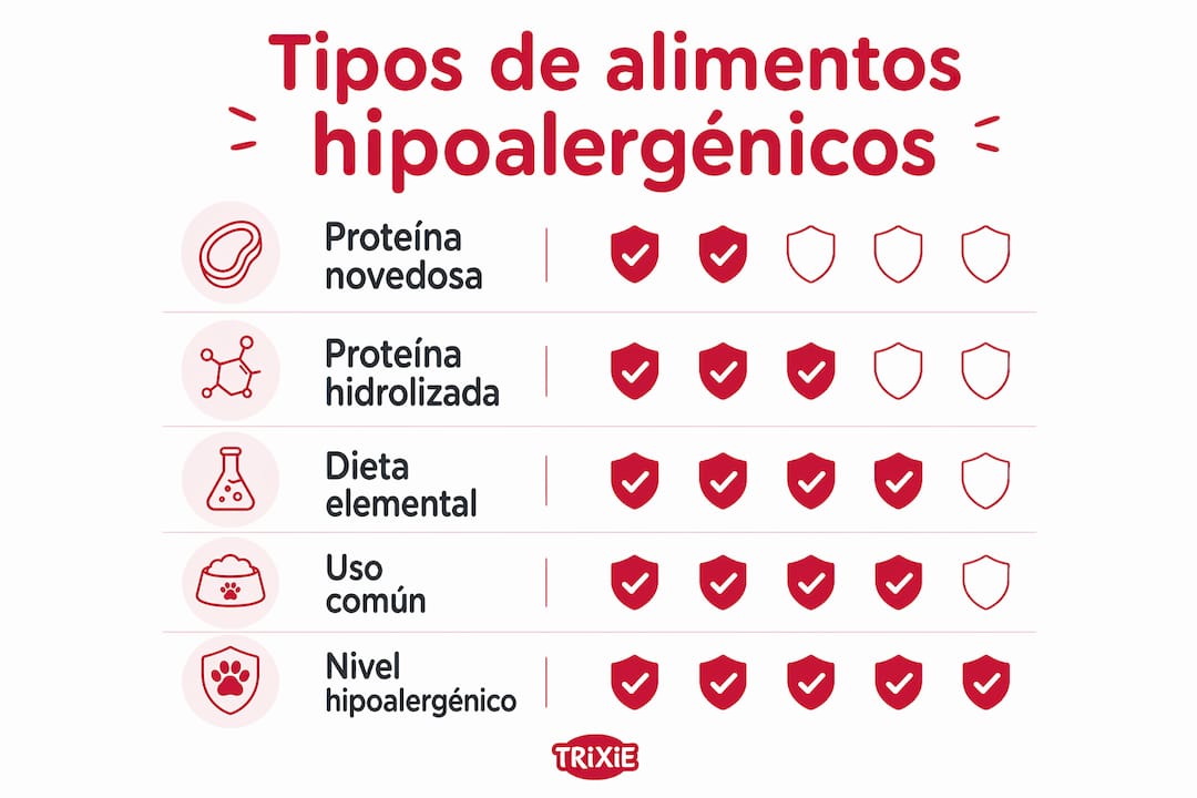 Infografía sobre las diferentes opciones de alimentos hipoalergénicos para mascotas y cómo utilizarlos correctamente