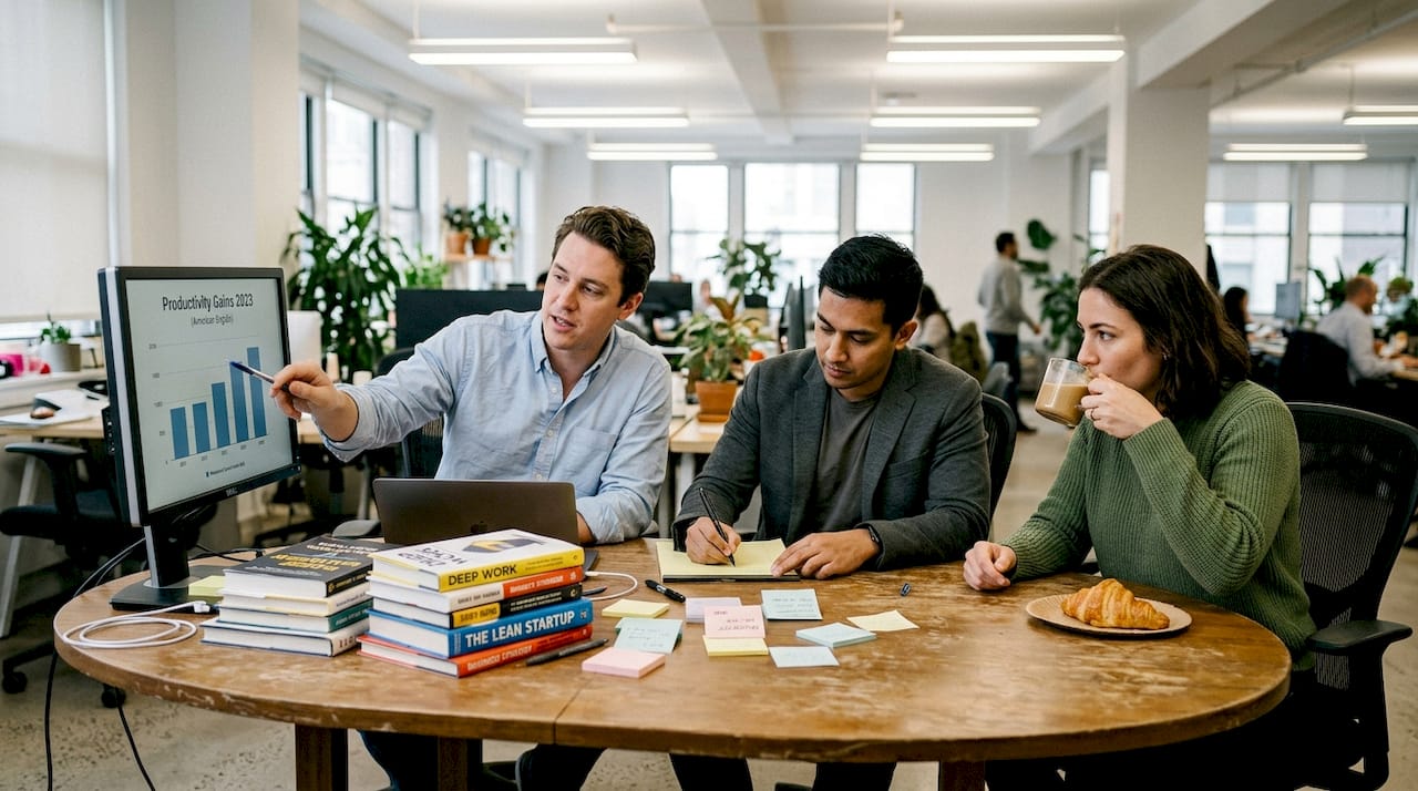 Team in workspace reviews strategy chart