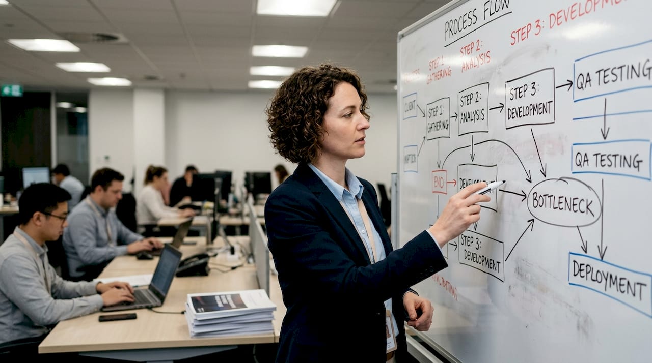 Consultant studying process diagrams on whiteboard