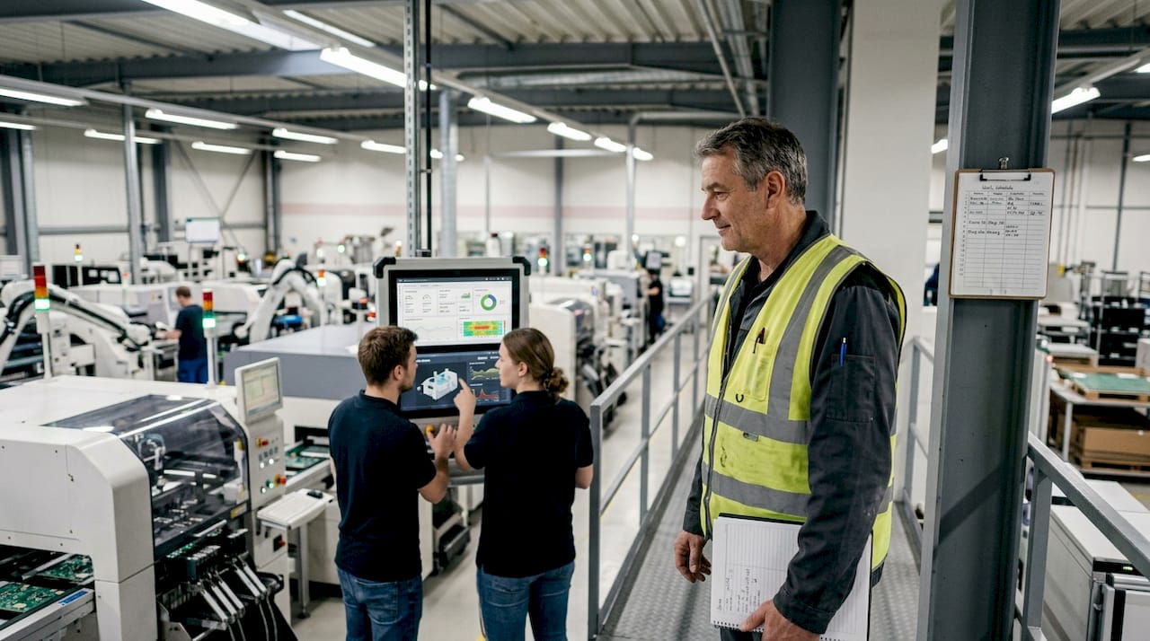Supervisor observing digital tools in factory production