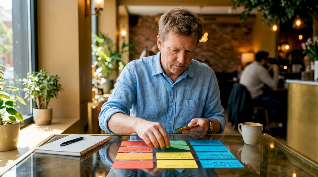 Hands organizing risk matrix cards on table