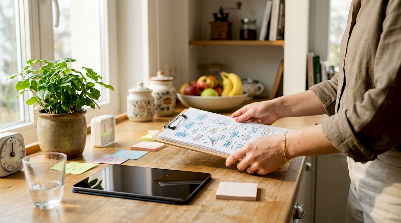 Close-up hands reviewing restaurant workflow diagrams