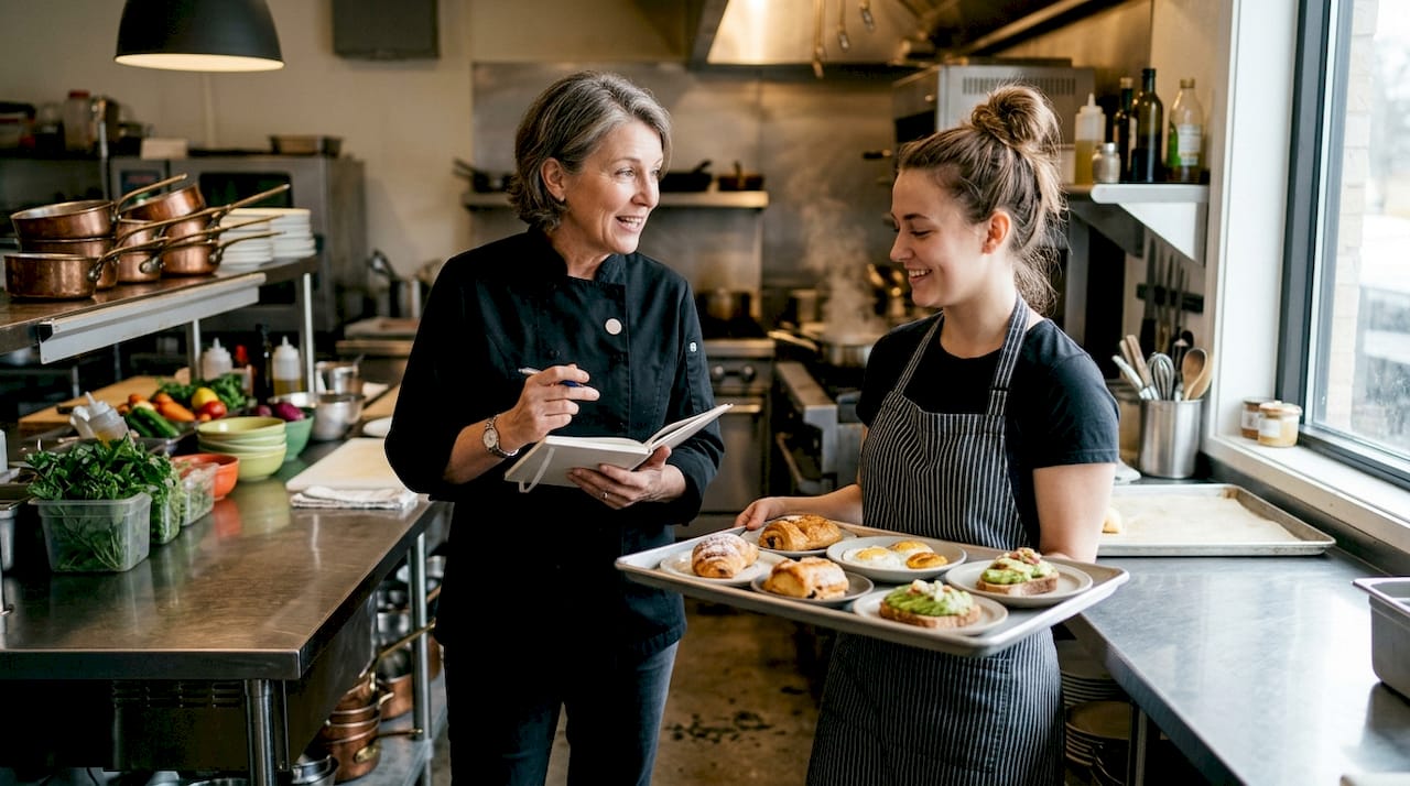 Manager coaching team member in restaurant kitchen