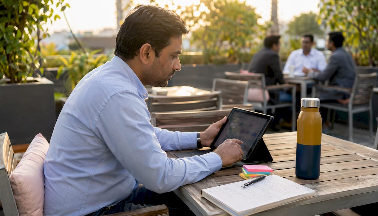 Professional interacting with IT roadmap tablet