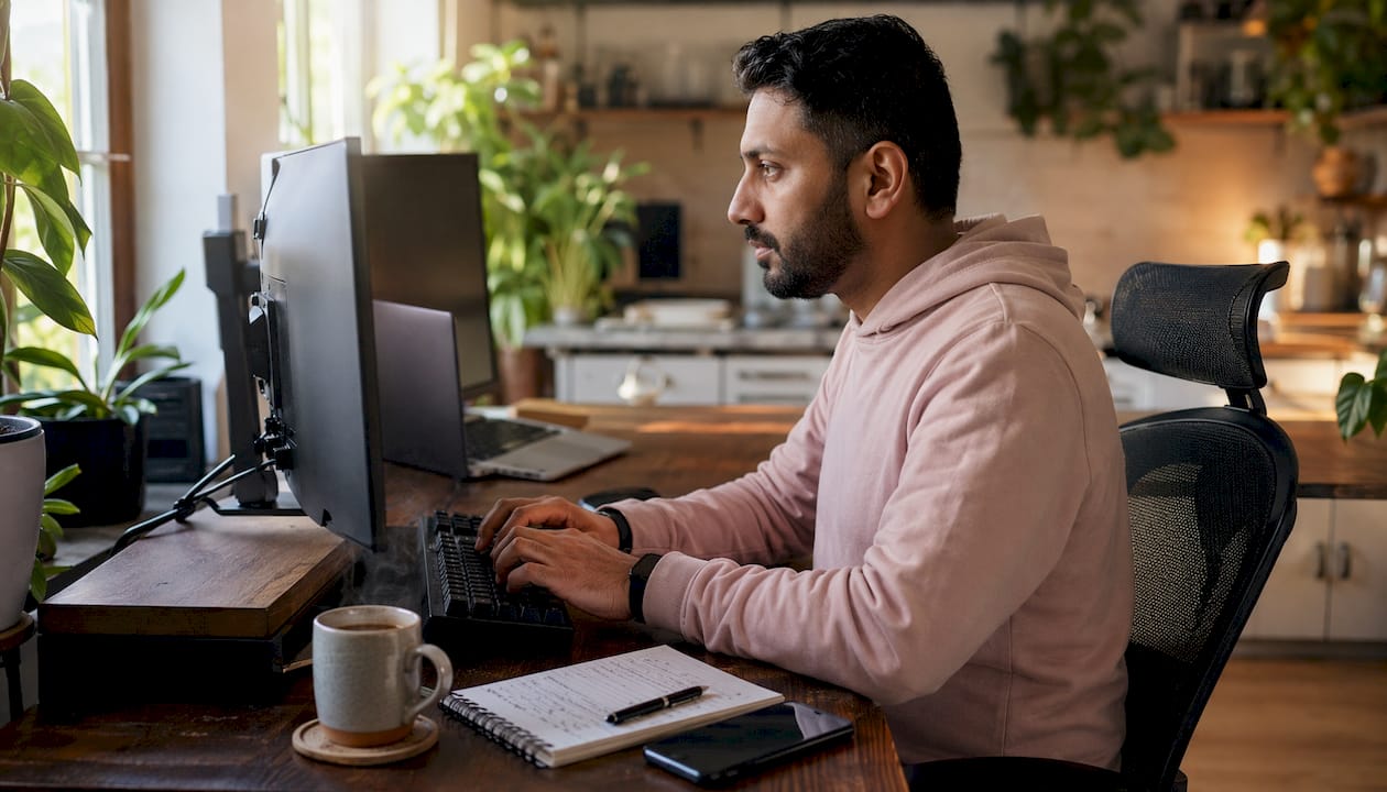 Hands typing on keyboard in tech home office