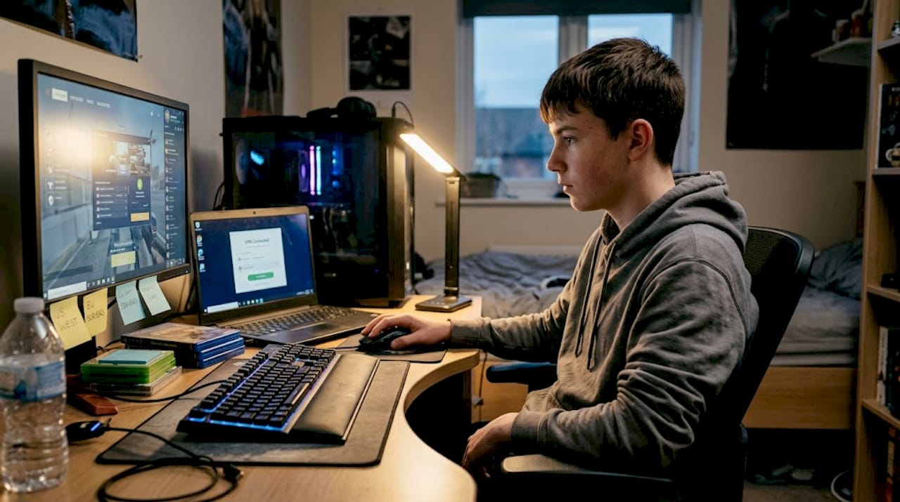 Young gamer configuring VPN for security